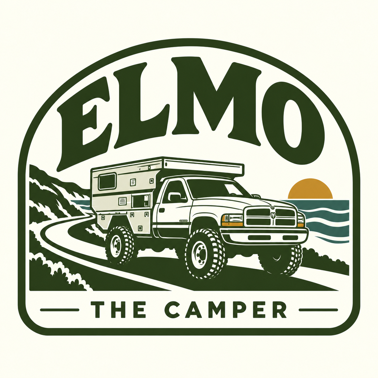 Elmo the Camper coastal badge: a 1995 Dodge Ram with an expedition camper on a road beside the ocean