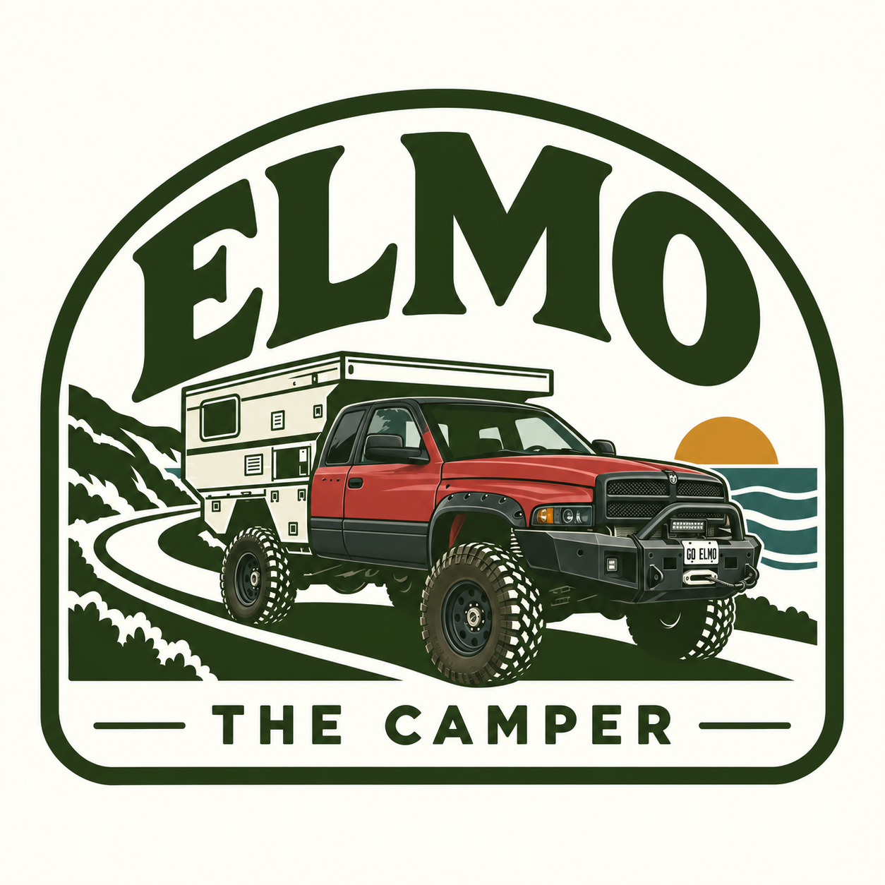 Elmo the Camper coastal badge: our red and black Dodge Ram with its winch bumper and expedition camper beside the ocean